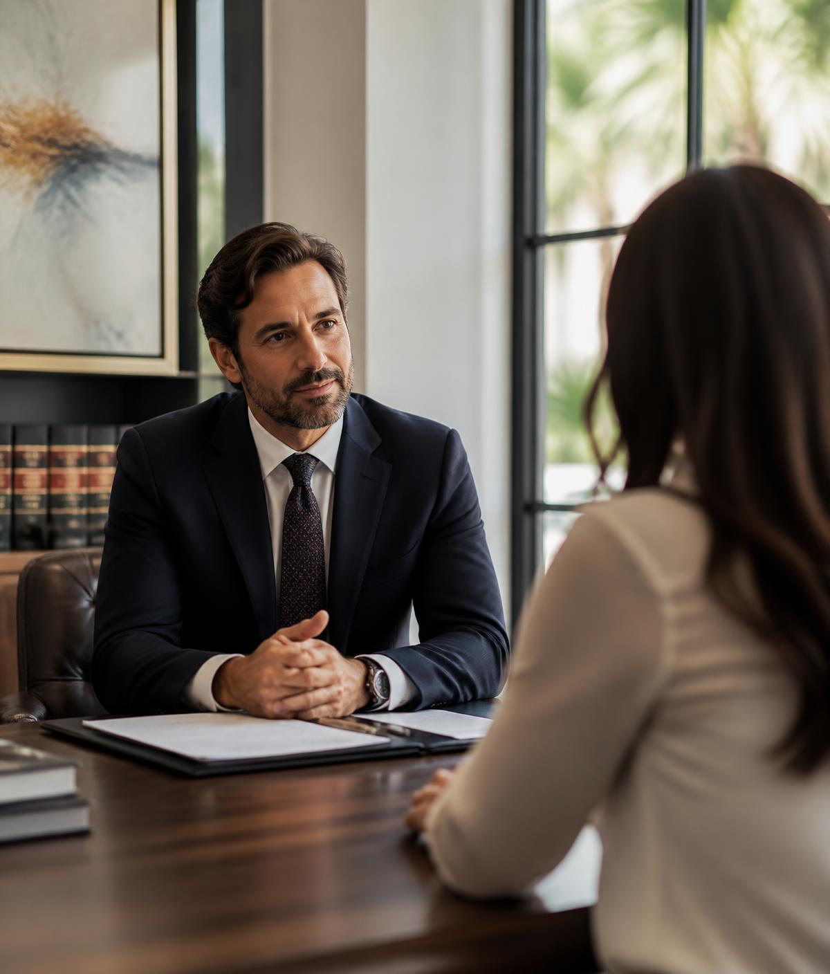 Attorney meeting with a client at the firm's Coral Gables office