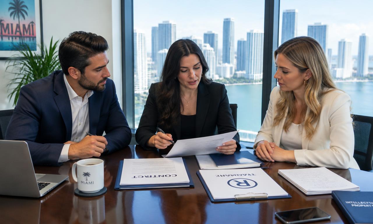 Business owners reviewing contract and trademark documents with an attorney in a Miami office