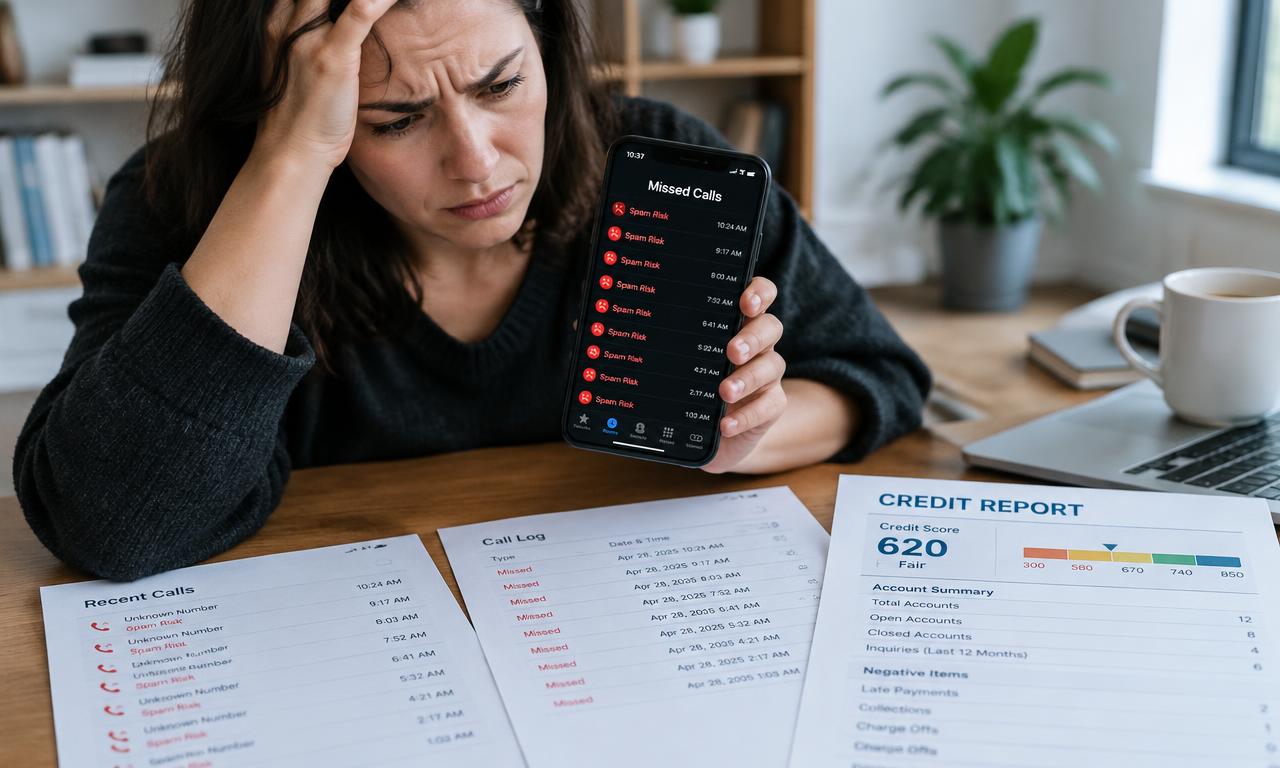 Person holding a phone full of spam calls next to call logs and a credit report