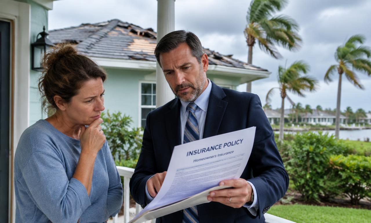 Attorney reviewing a homeowners insurance policy with a policyholder after hurricane roof damage