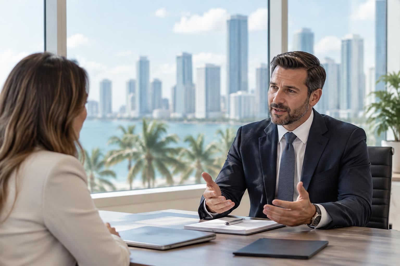 Florida employment law attorney meeting with a client in a Coral Gables office overlooking the Miami skyline