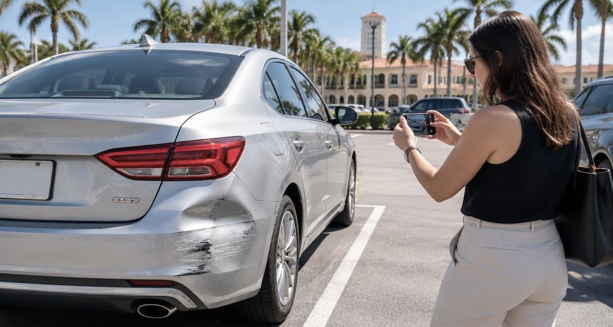 Illustrative editorial image of a Florida car owner photographing a dented rear bumper in a palm-lined parking lot.