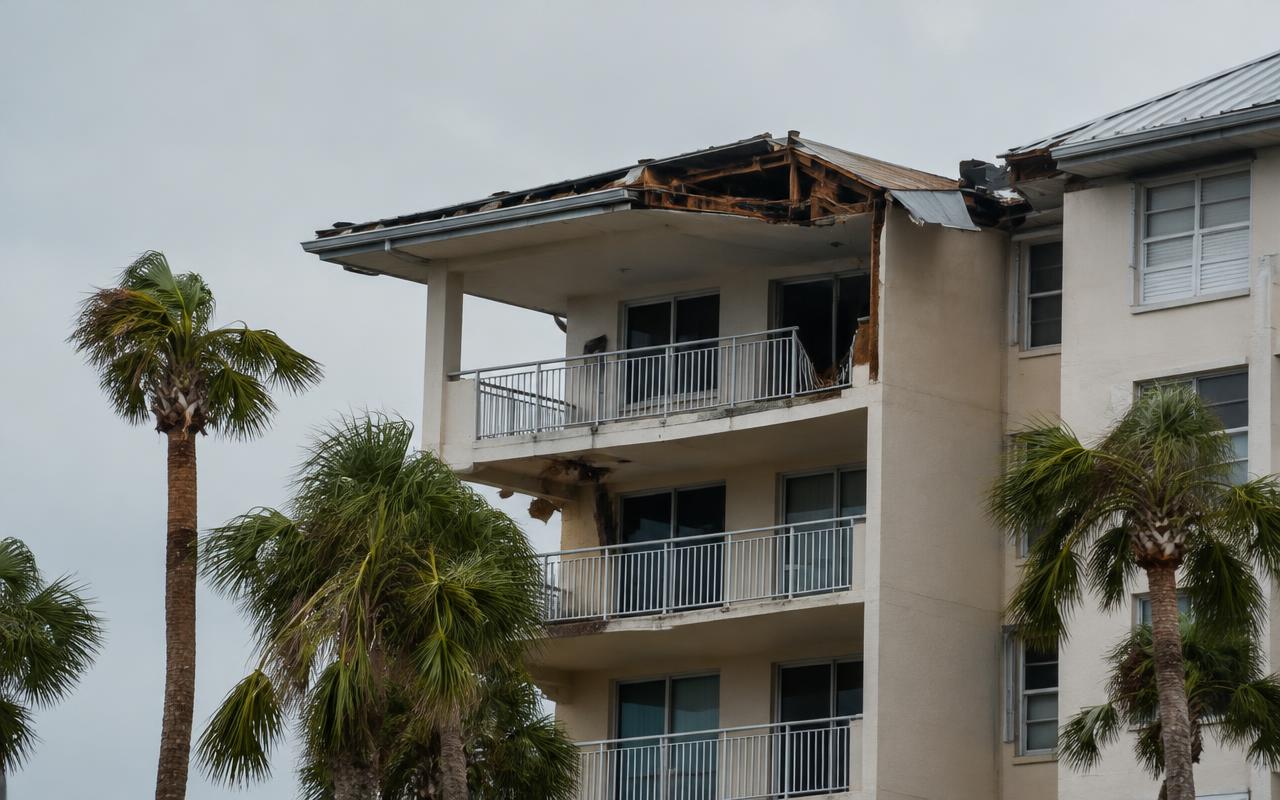 Florida condominium building with storm-damaged roof and balcony after a hurricane