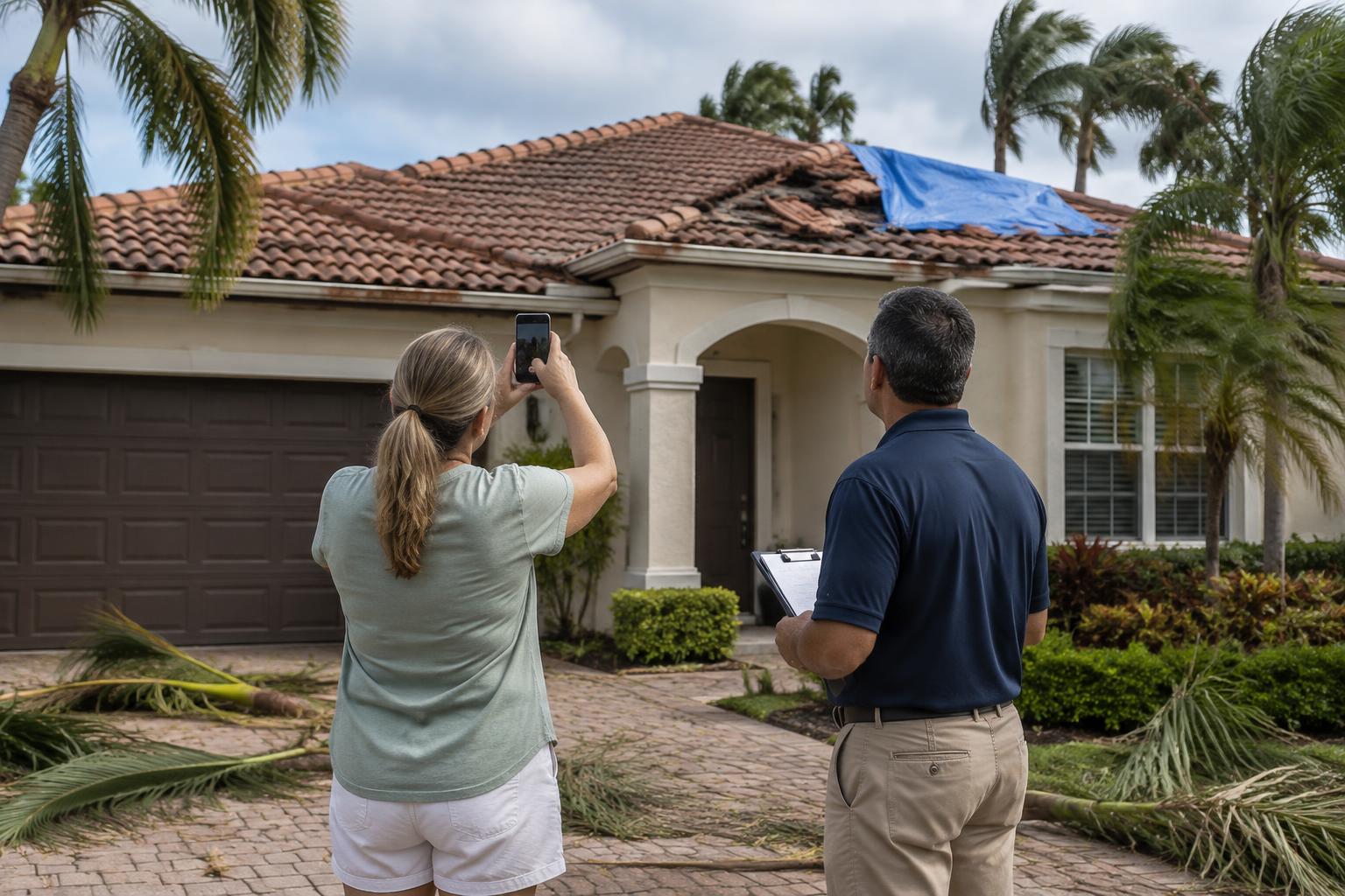 Illustrative image of a Florida homeowner photographing storm-damaged roof tiles and a temporary tarp beside an inspector.