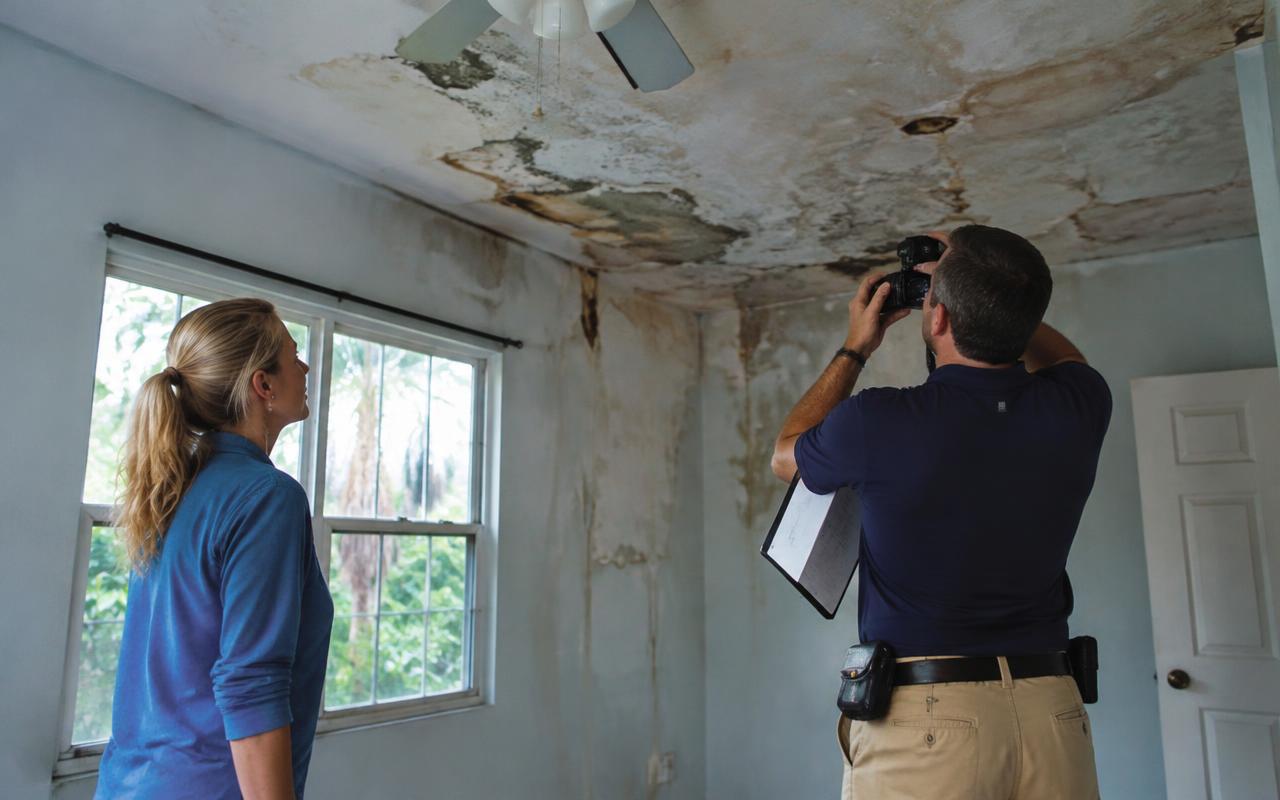 Inspector photographing water damage on a ceiling inside a Florida home after a storm