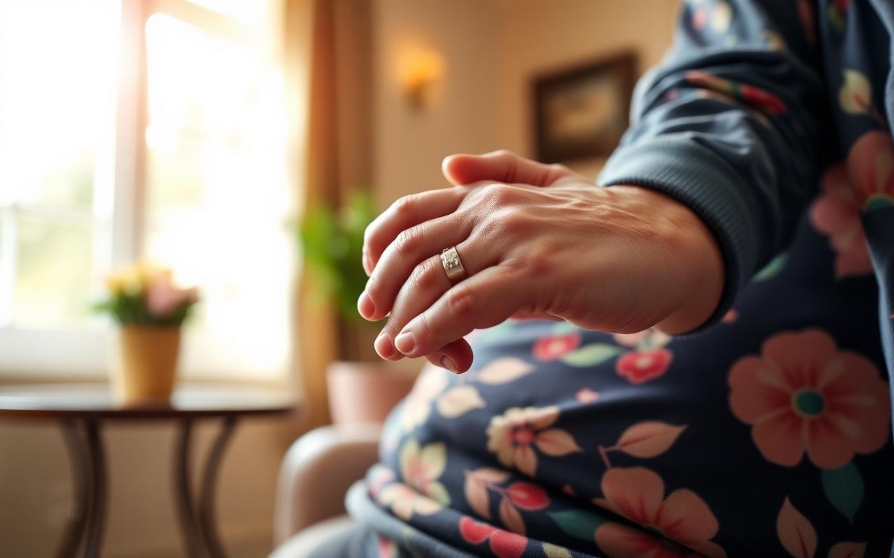 Compassionate hand resting on an elderly resident's hand in a Florida nursing home