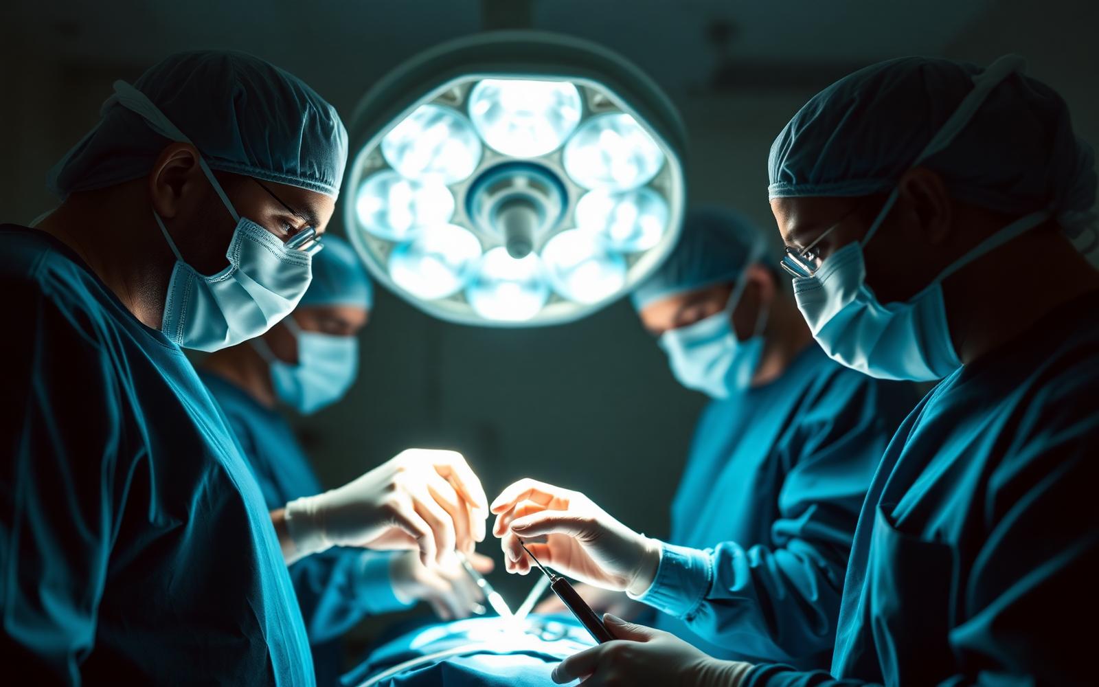 Surgical team in a Coral Gables operating room under bright procedural lights