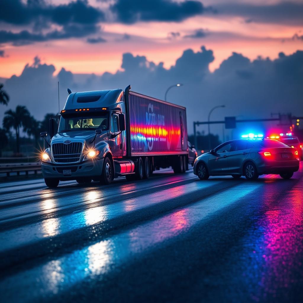 Semi-truck and passenger car collision on a rain-slicked Miami highway