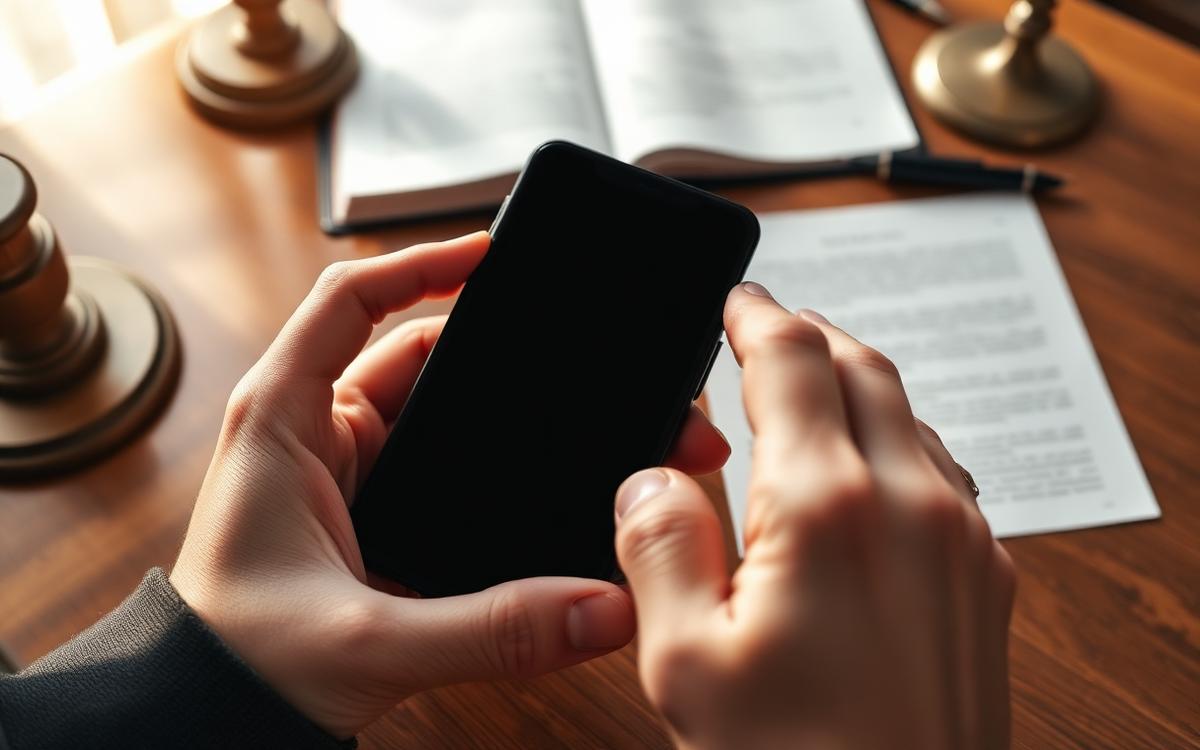 Hands holding a smartphone next to a notepad and legal documents, documenting robocalls and spam texts as TCPA evidence