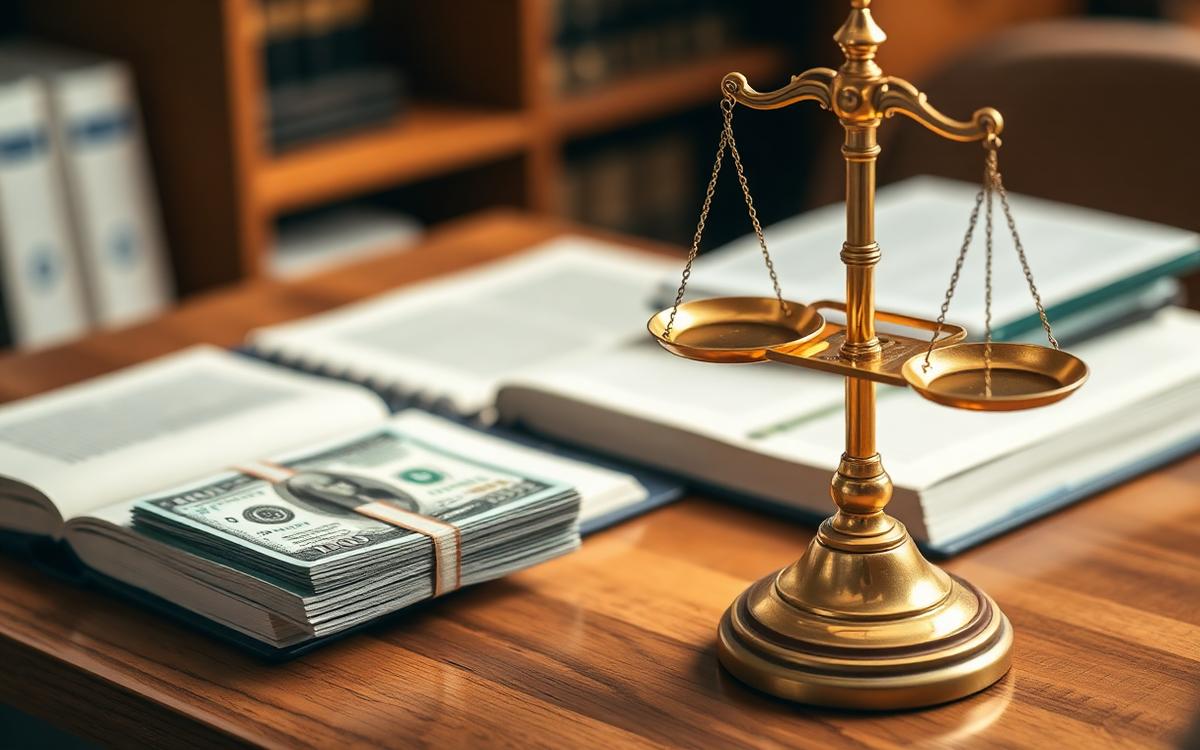 Scales of justice beside stacked cash and law books, illustrating TCPA statutory damages of $500 to $1,500 per call