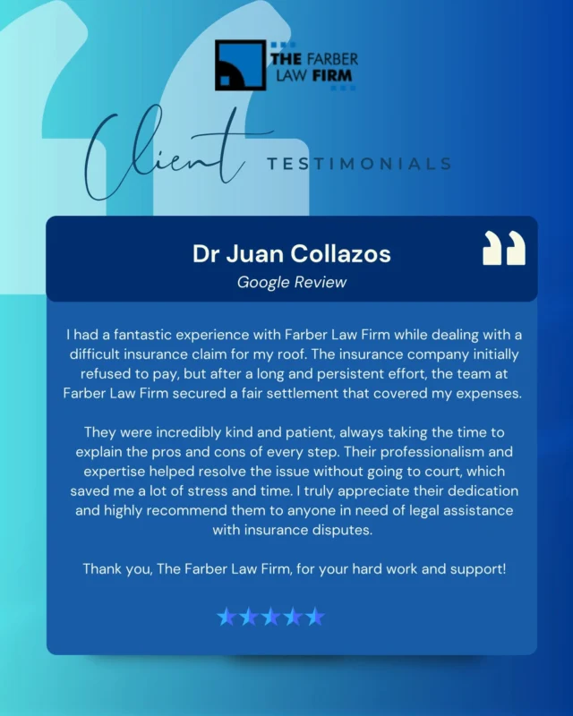 ❌ Insurance said NO.
✅ We made them pay what was fair.

Dr. Juan Collazos came to us after his roof claim was denied. Thanks to our legal team’s persistence and strategy, he received the compensation he deserved—without stepping into court.

📞 Don't let insurers take advantage of you.
💼 No fees unless we win.
👉 Free consultation | thefarberlawfirm.com

You don’t pay us to try. You pay us to win.

#InsuranceClaimDenied #HomeInsuranceHelp #ClientVictory #TheFarberLawFirm #FloridaLawyers #DeniedNoMore #FightBackWithFarber #RoofDamageClaim #LegalJustice #InsuranceDisputeExperts #MiamiLawFirm #WeWinWhenYouWin