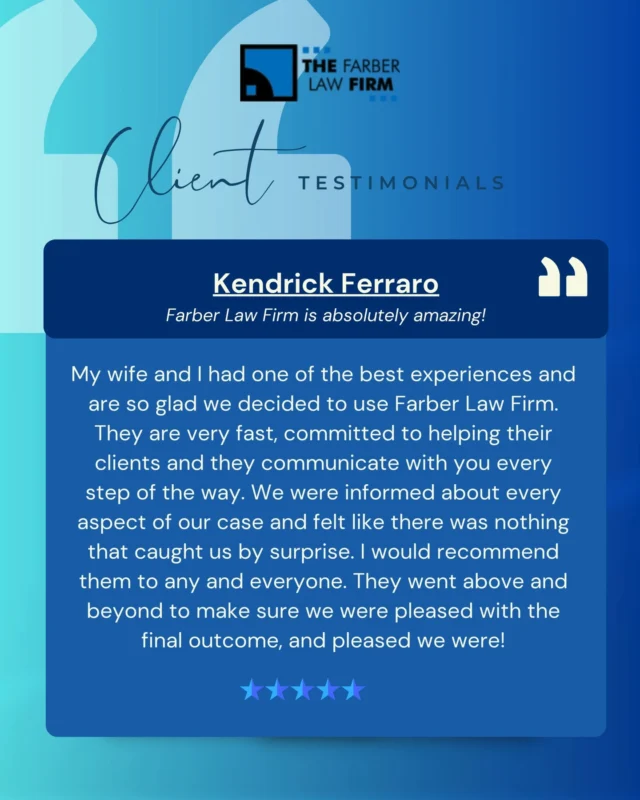 ⭐️⭐️⭐️⭐️⭐️
“We felt like nothing caught us by surprise.”

That’s the power of working with a legal team that puts communication, speed, and client care first.

This couple came to us hoping for support and left with peace of mind. At The Farber Law Firm, we go above and beyond to make sure our clients feel informed, protected, and satisfied with the outcome.

📞 Free consultations
💼 No fees unless we win
www.thefarberlawfirm.com
#ClientTestimonial #TheFarberLawFirm #FloridaLawyers #FiveStarExperience #InsuranceClaimHelp #ClientFirst #TrustedLawFirm